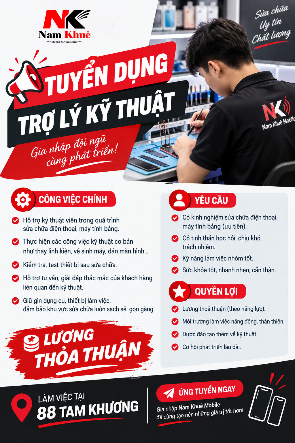 [Tuyển Dụng] Nam Khuê Mobile Tuyển Dụng Vị Trí Trợ Lý Kỹ Thuật Điện Thoại, Máy Tính Bảng